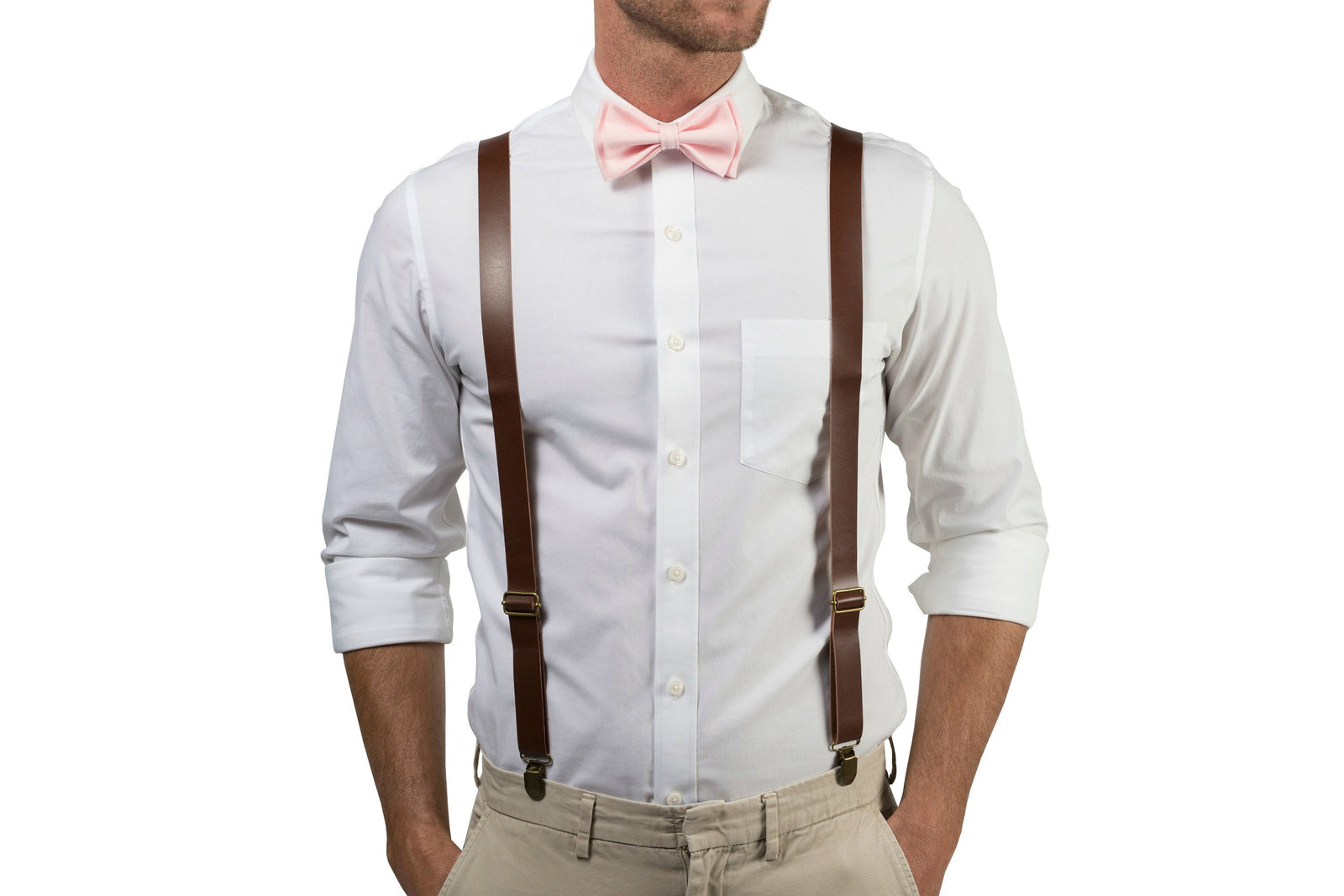 Brown Leather Suspenders & Blush Bow Tie