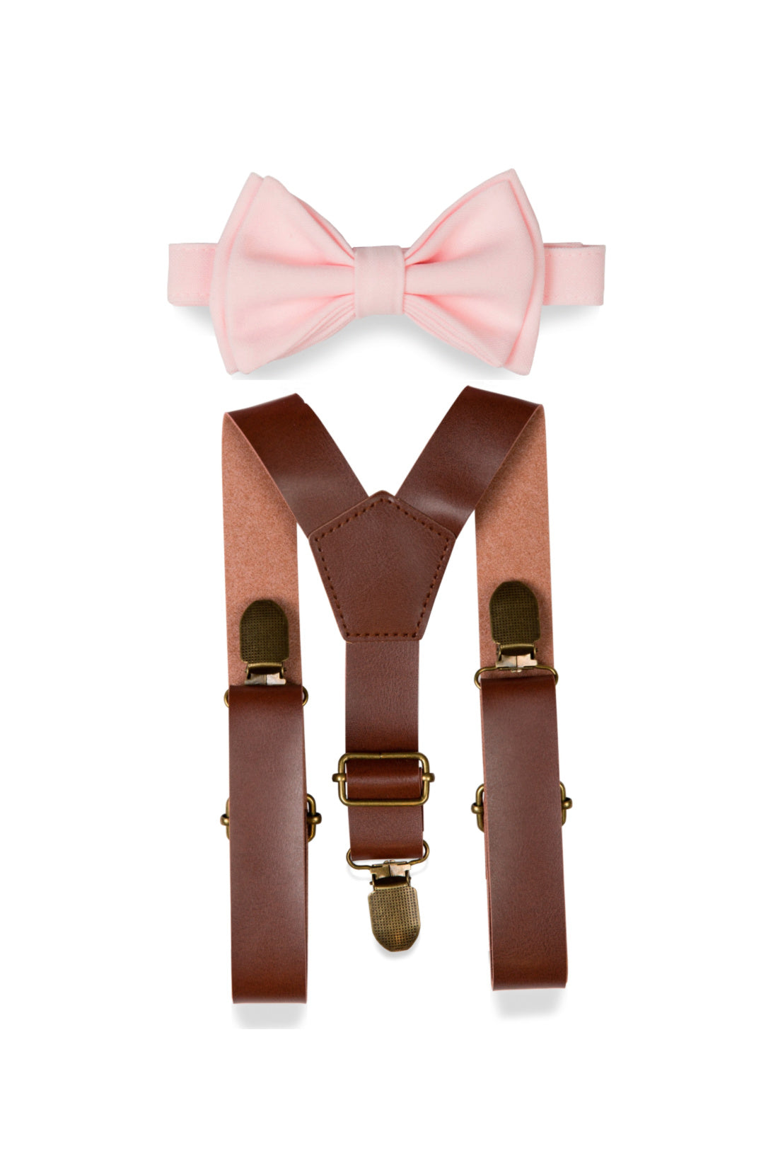 Brown Leather Suspenders & Light Pink Bow Tie for Kids