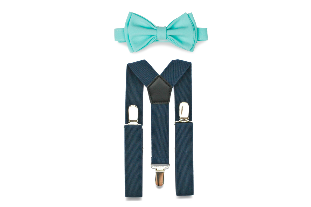 Navy Suspenders &amp; Aqua Bow Tie for Kids