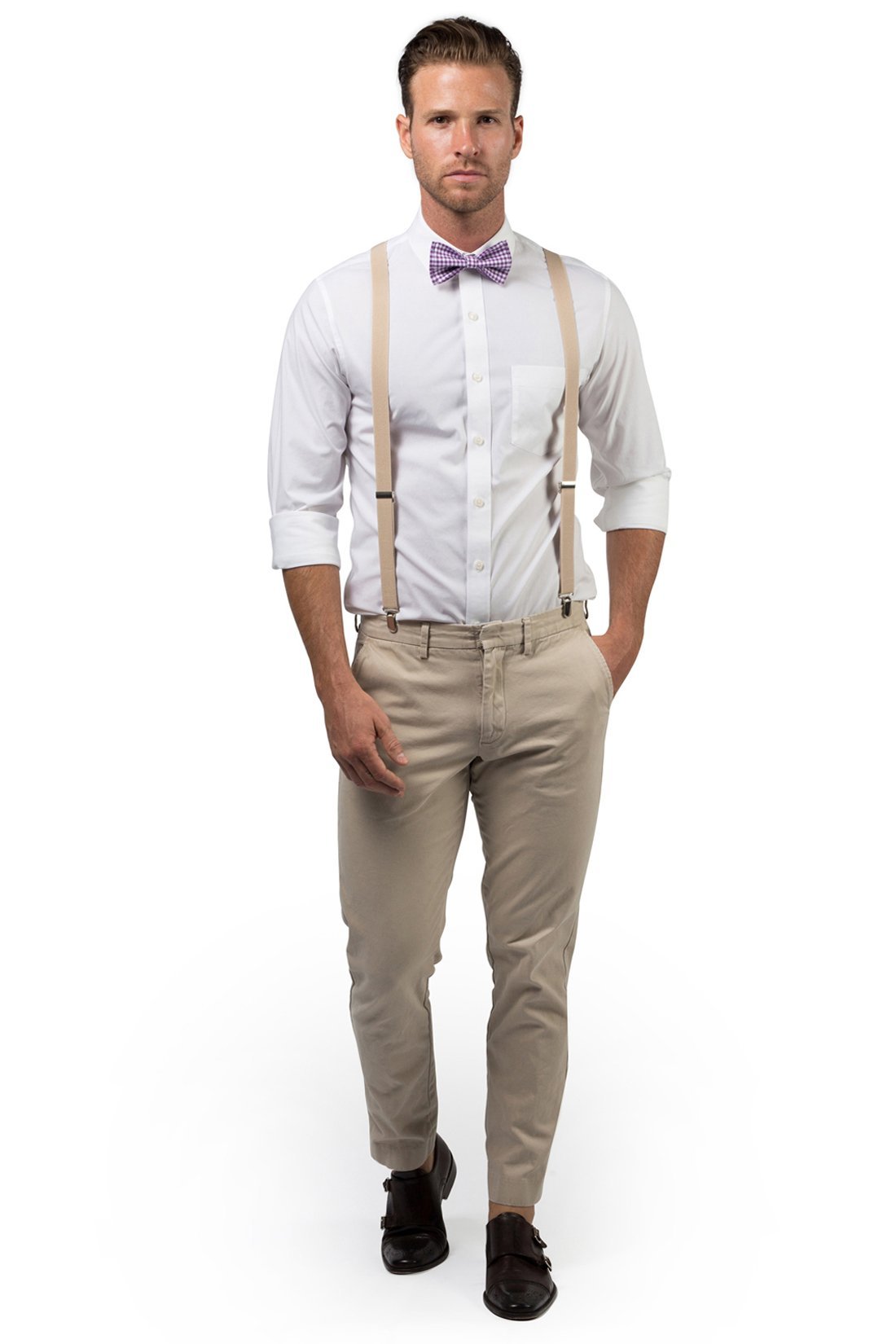 Beige Suspenders &amp; Gingham Purple Bow Tie