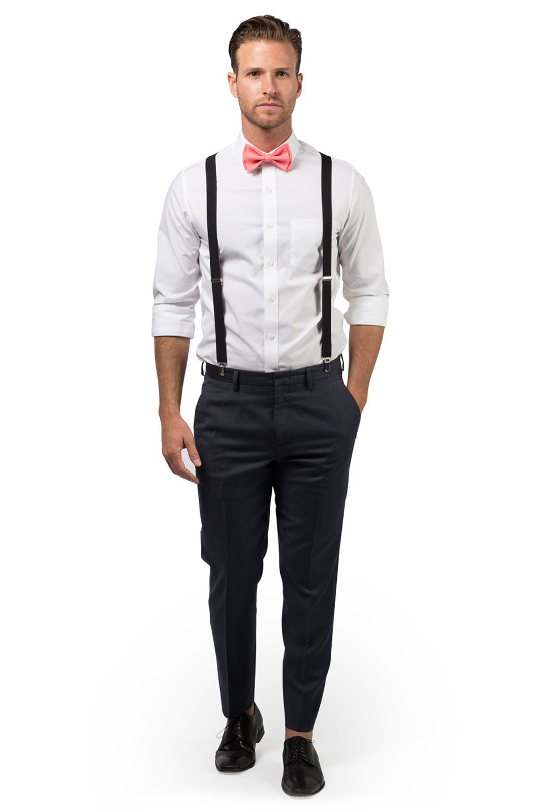 Black Suspenders &amp; Coral Bow Tie