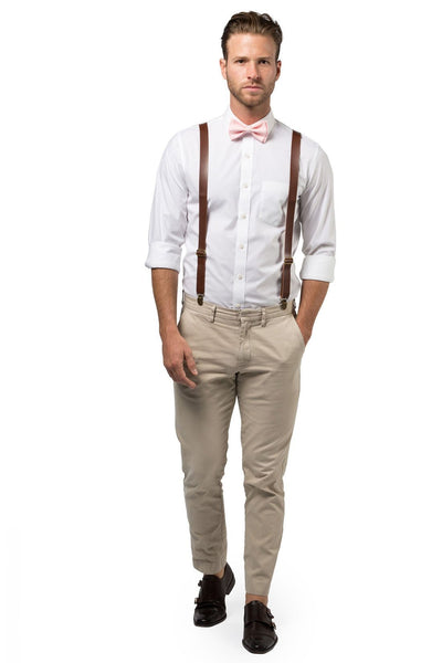Brown Leather Suspenders & Blush Bow Tie