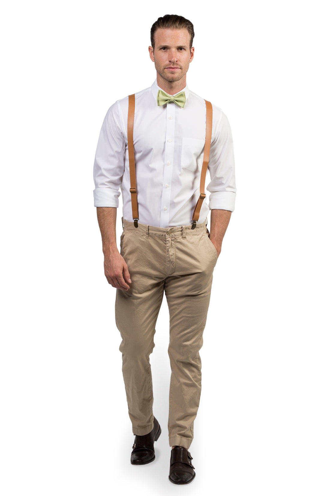 Tan Leather Suspenders &amp; Sage Bow Tie