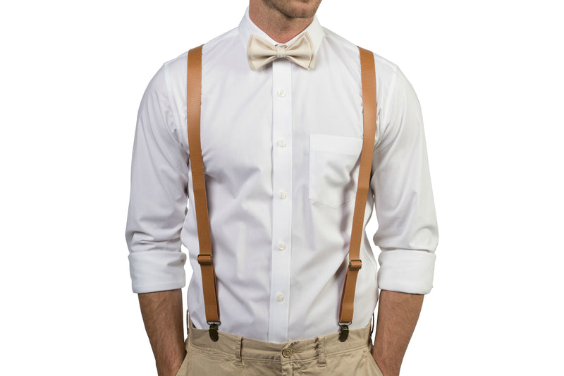 Tan Leather Suspenders & Cream Bow Tie