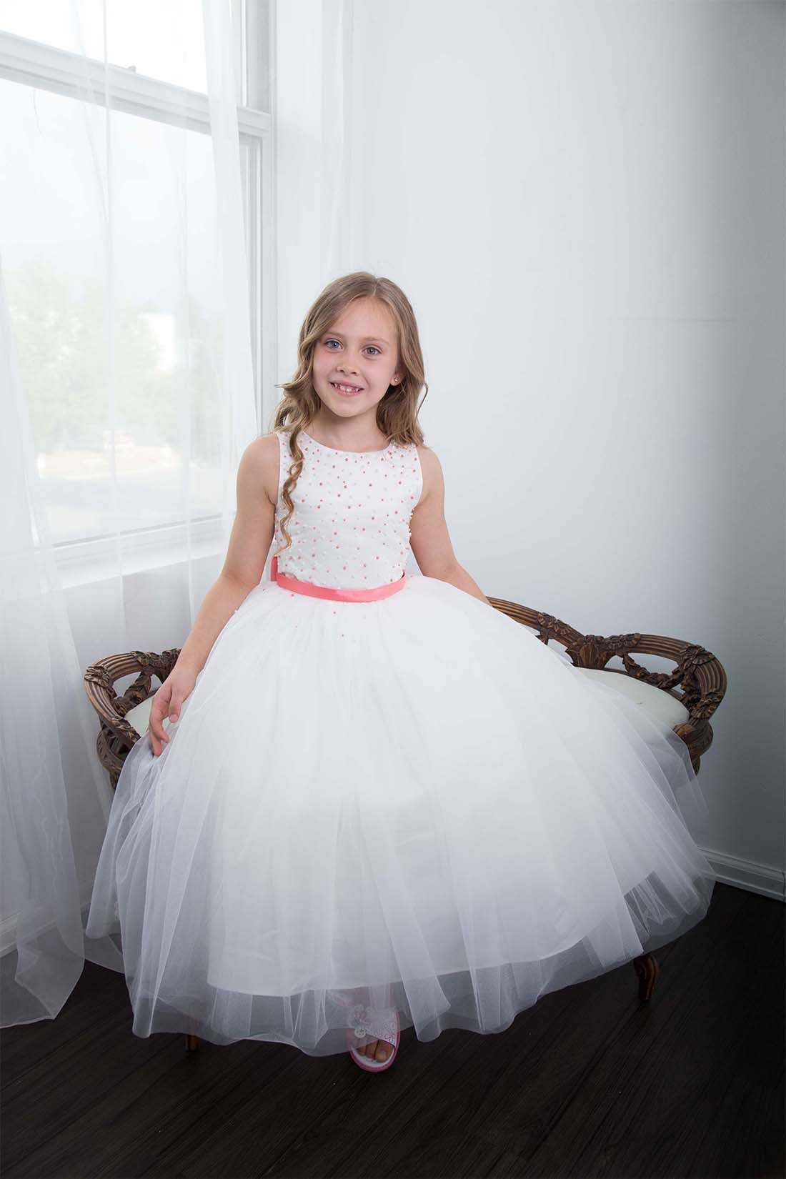 Coral &amp; White Flower Girl Dress