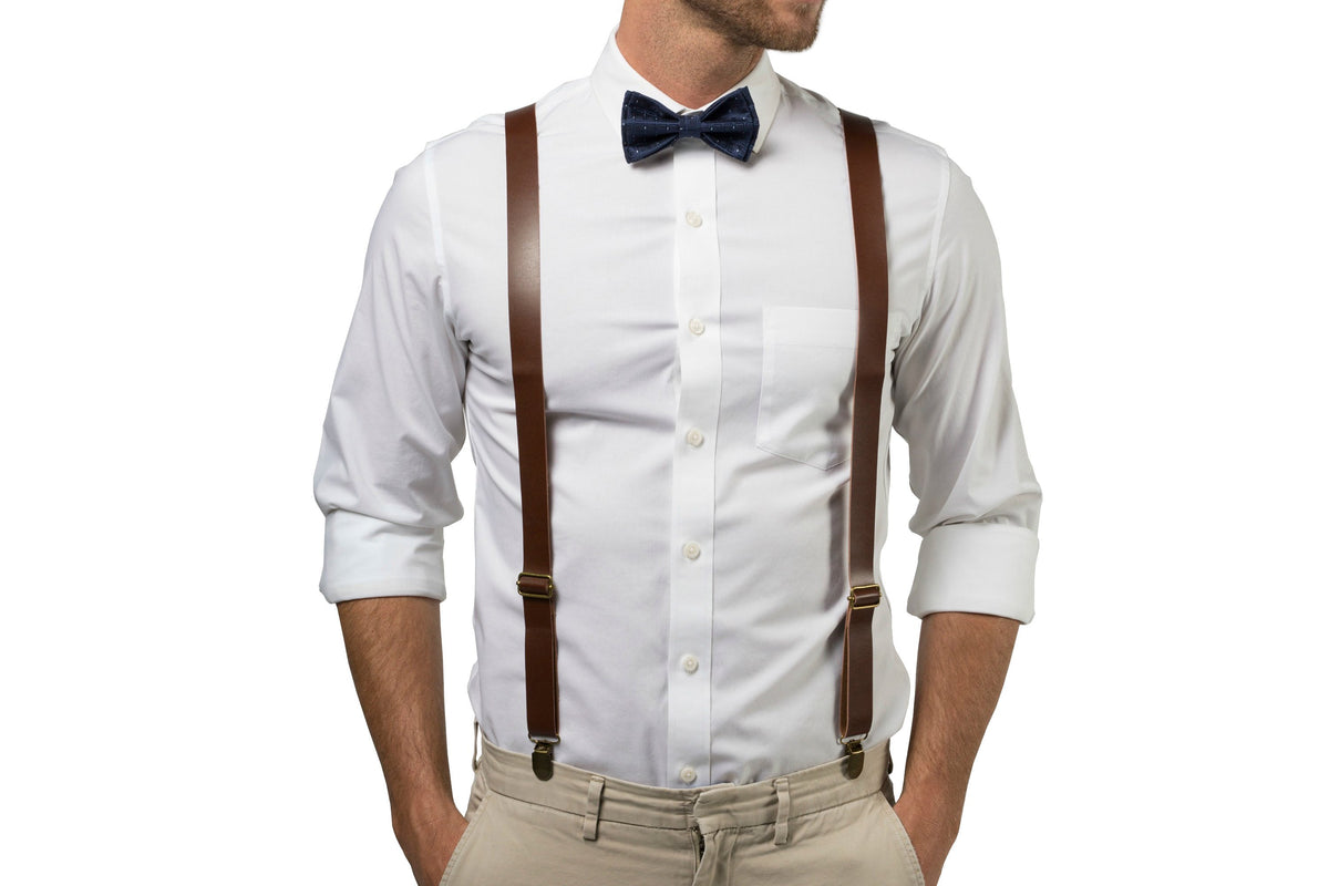 Brown Leather Suspenders &amp; Navy Polka Dot Bow Tie