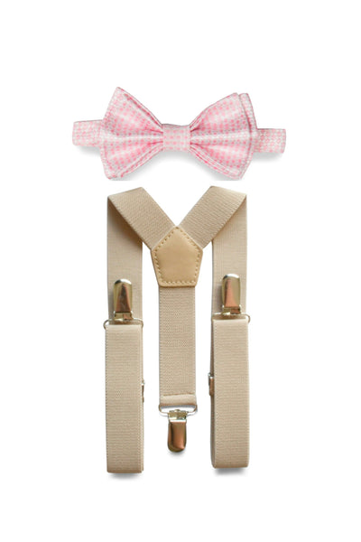 Beige Suspenders & Pink Bow Tie for Kids