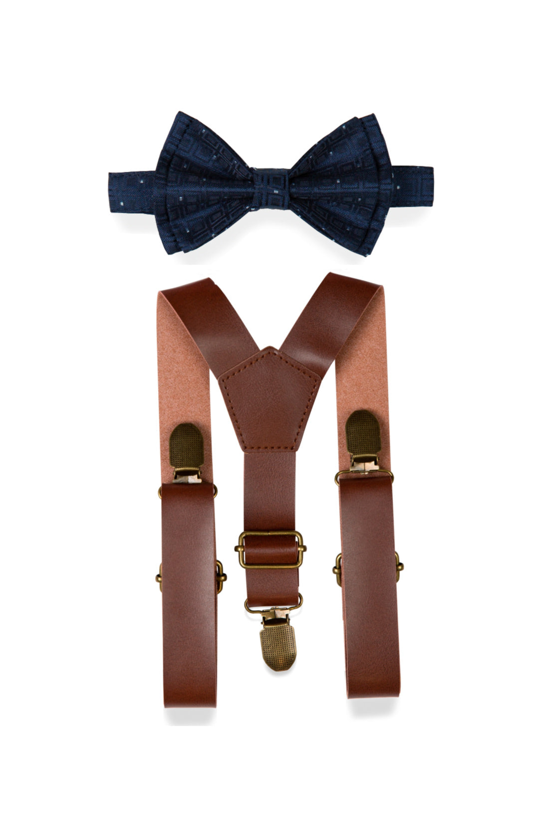 Brown Leather Suspenders &amp; Navy Polka Dot Bow Tie for Kids