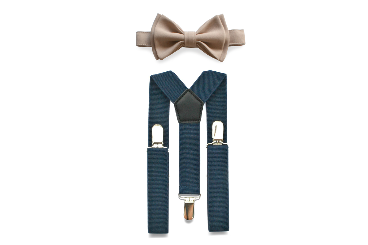 Navy Suspenders &amp; Beige Bow Tie
