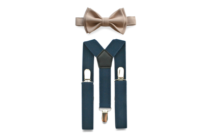 Navy Suspenders & Beige Bow Tie
