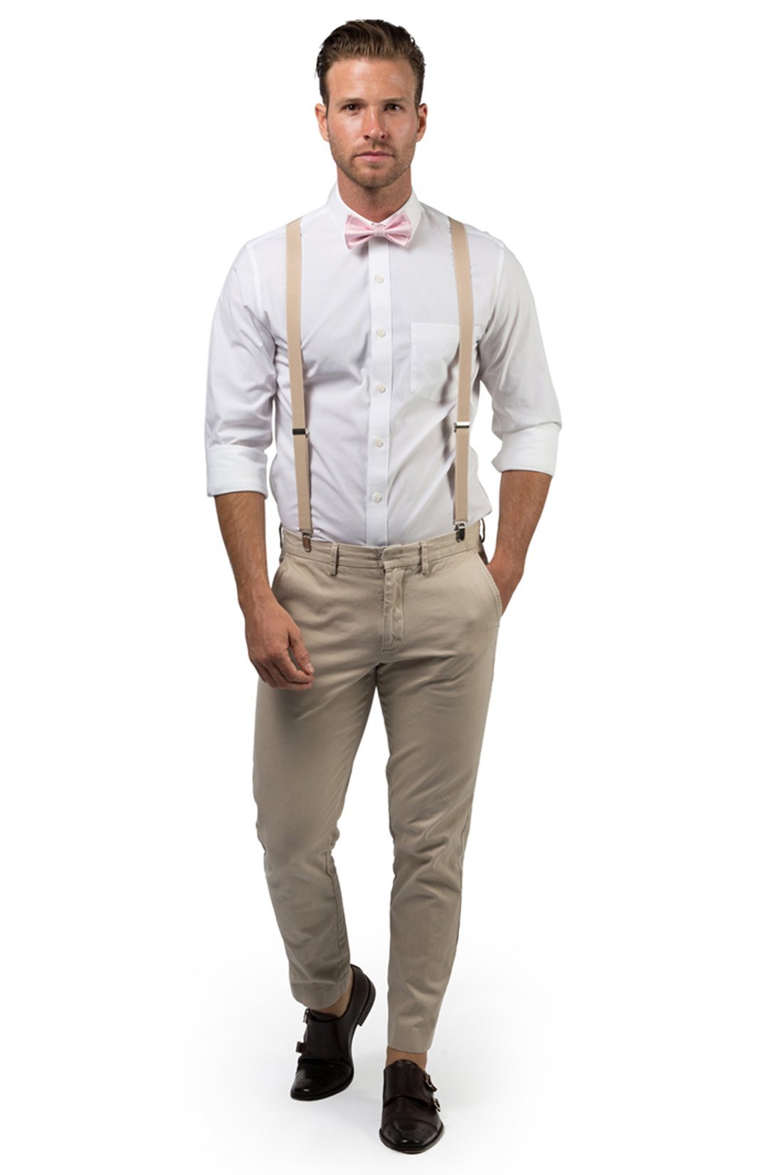 Beige Suspenders &amp; Pink Bow Tie