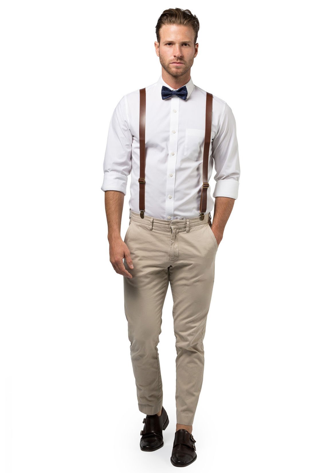 Brown Leather Suspenders &amp; Navy Polka Dot Bow Tie