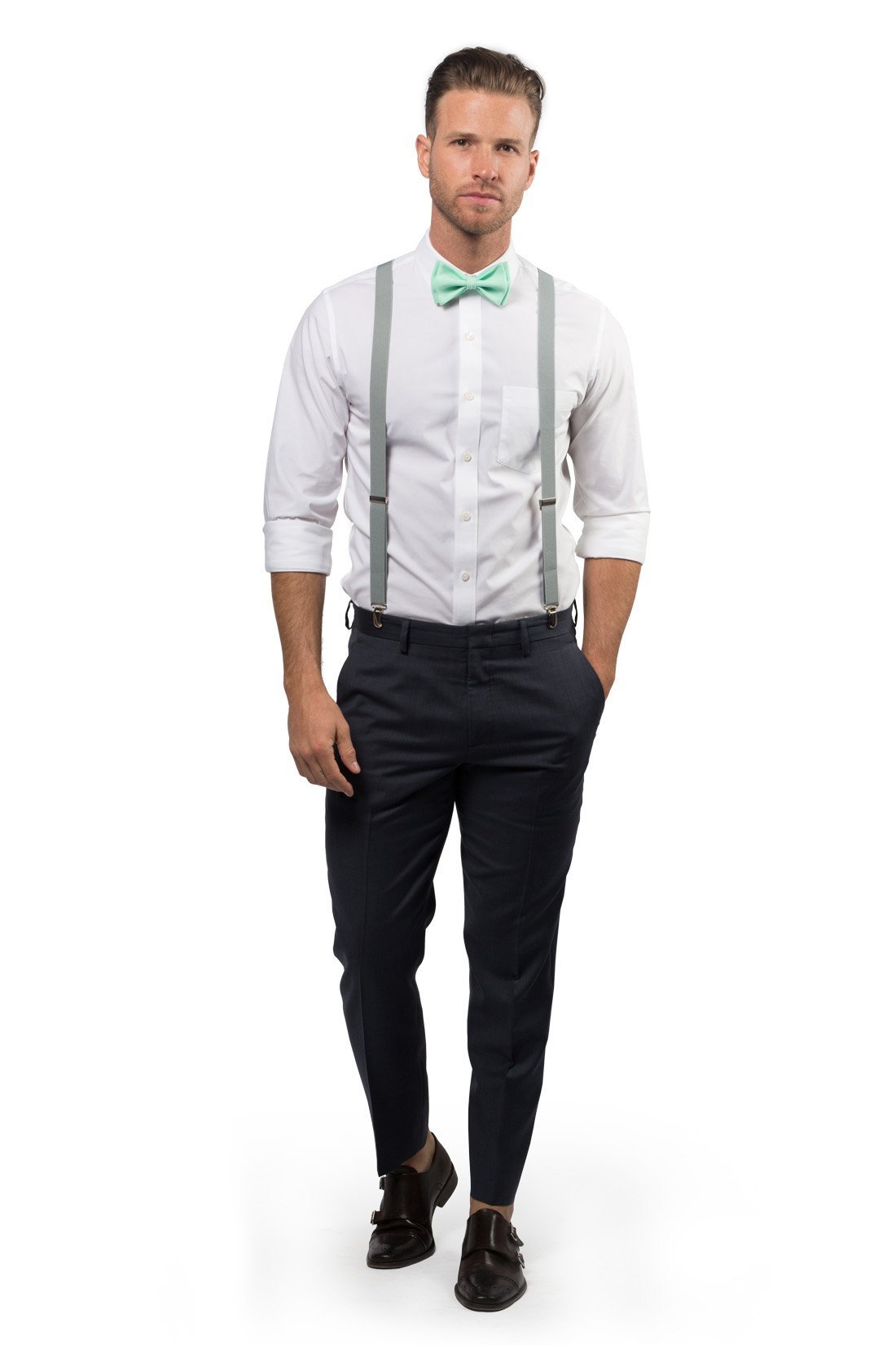 Light Gray Suspenders &amp; Mint Bow Tie