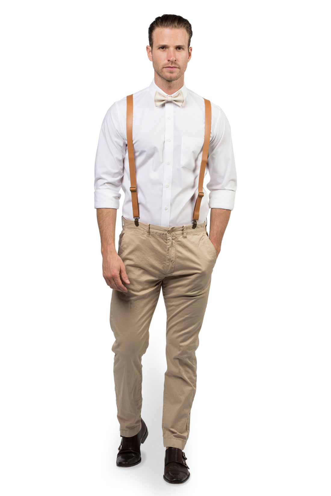 Tan Leather Suspenders &amp; Cream Bow Tie
