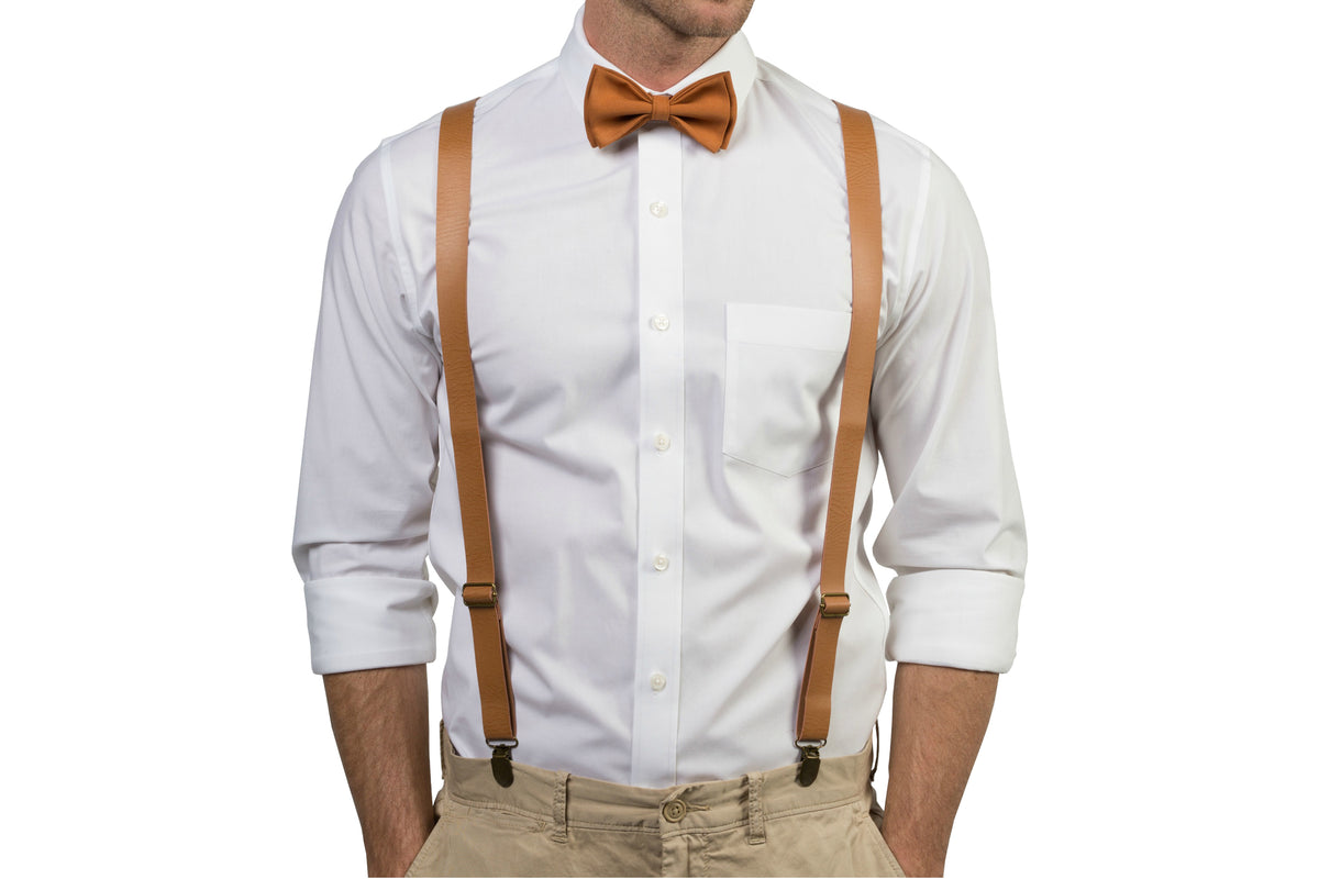 Tan Leather Suspenders &amp; Copper Bow Tie