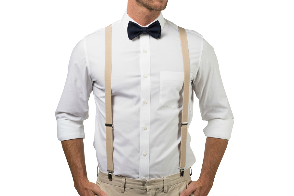 Beige Suspenders &amp; Navy Bow Tie