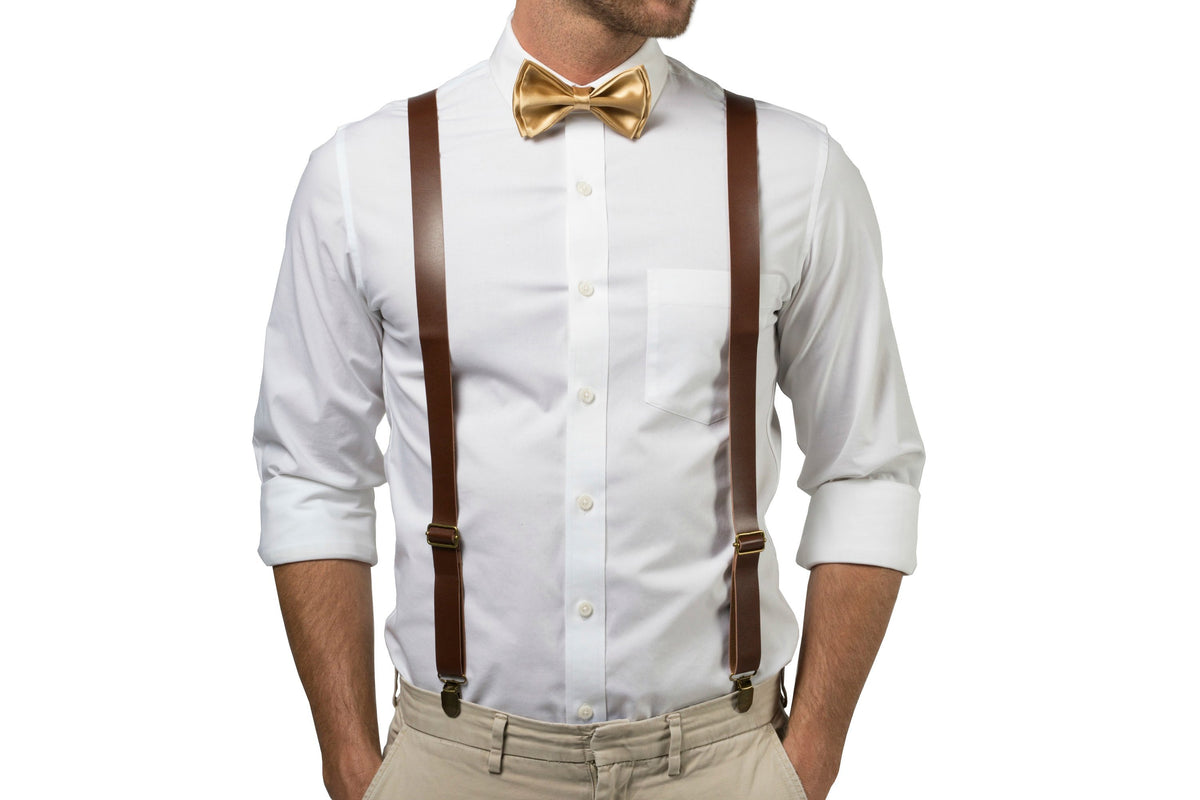 Brown Leather Suspenders &amp; Gold Bow Tie