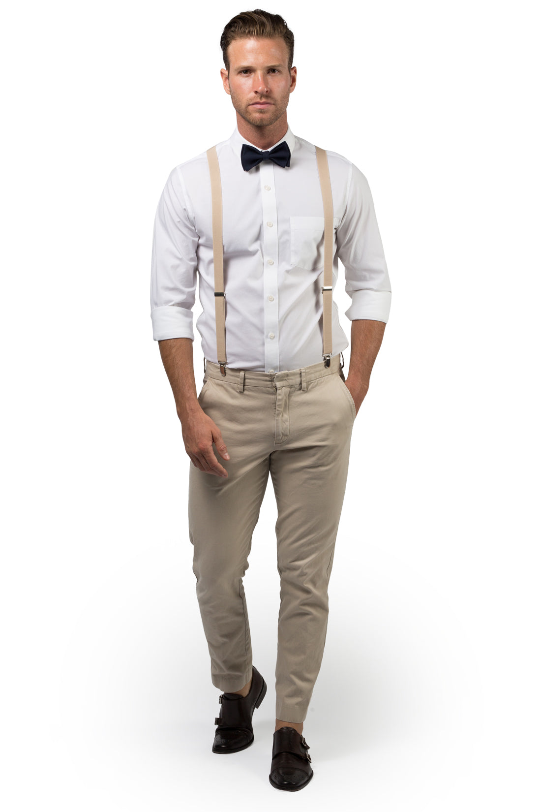 Beige Suspenders & Navy Bow Tie