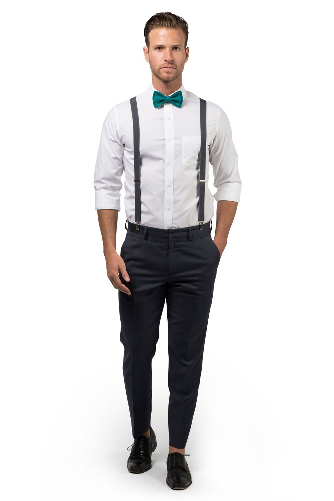 Charcoal Suspenders &amp; Teal Bow Tie