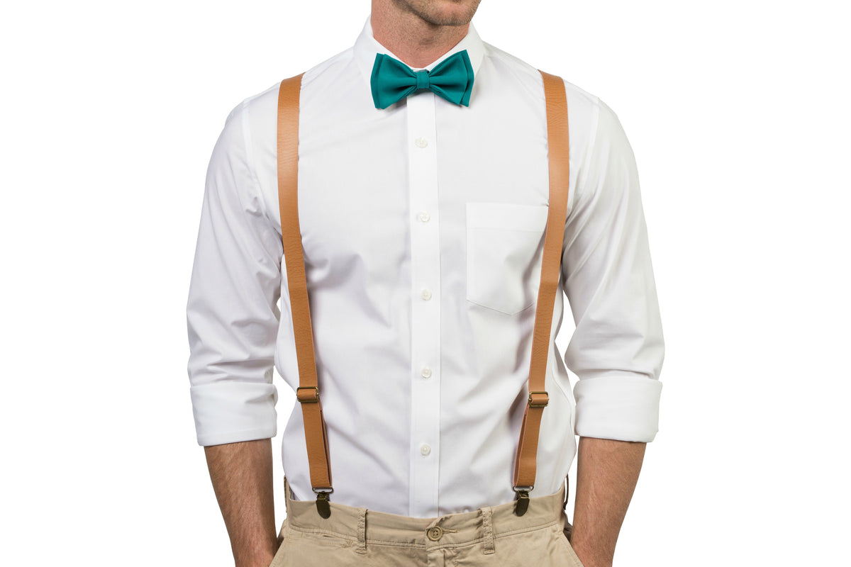 Tan Leather Suspenders &amp; Teal Bow Tie