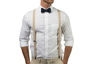 Beige Suspenders & Navy Polka Dot Bow Tie