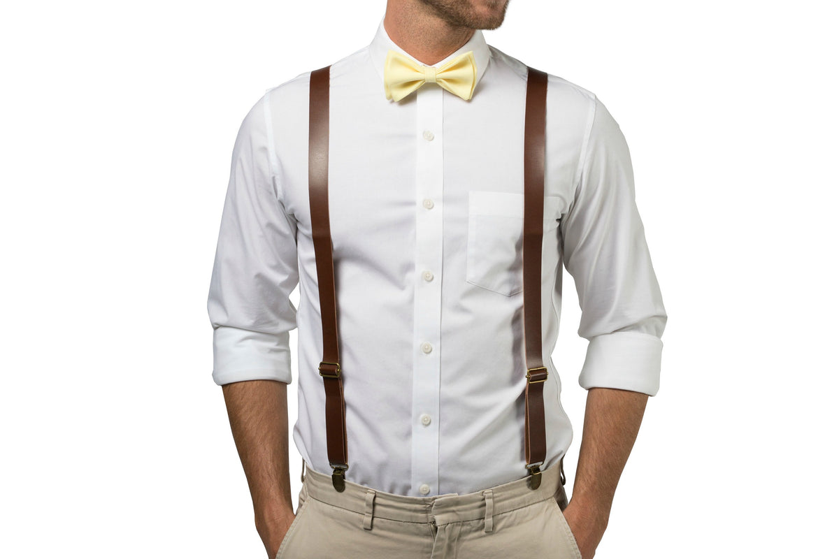 Brown Leather Suspenders &amp; Yellow Bow Tie