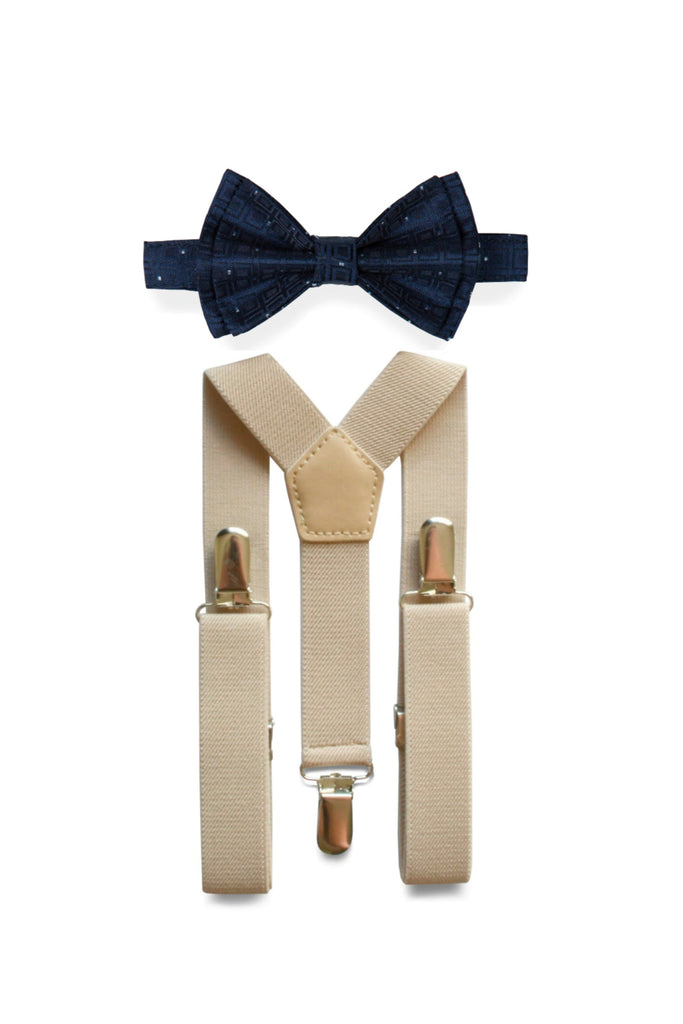 Beige Suspenders & Navy Polka Dot Bow Tie