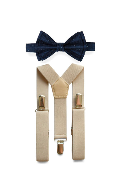 Beige Suspenders & Navy Polka Dot Bow Tie for Kids