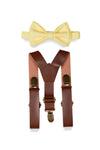 Brown Leather Suspenders & Yellow Bow Tie for Kids