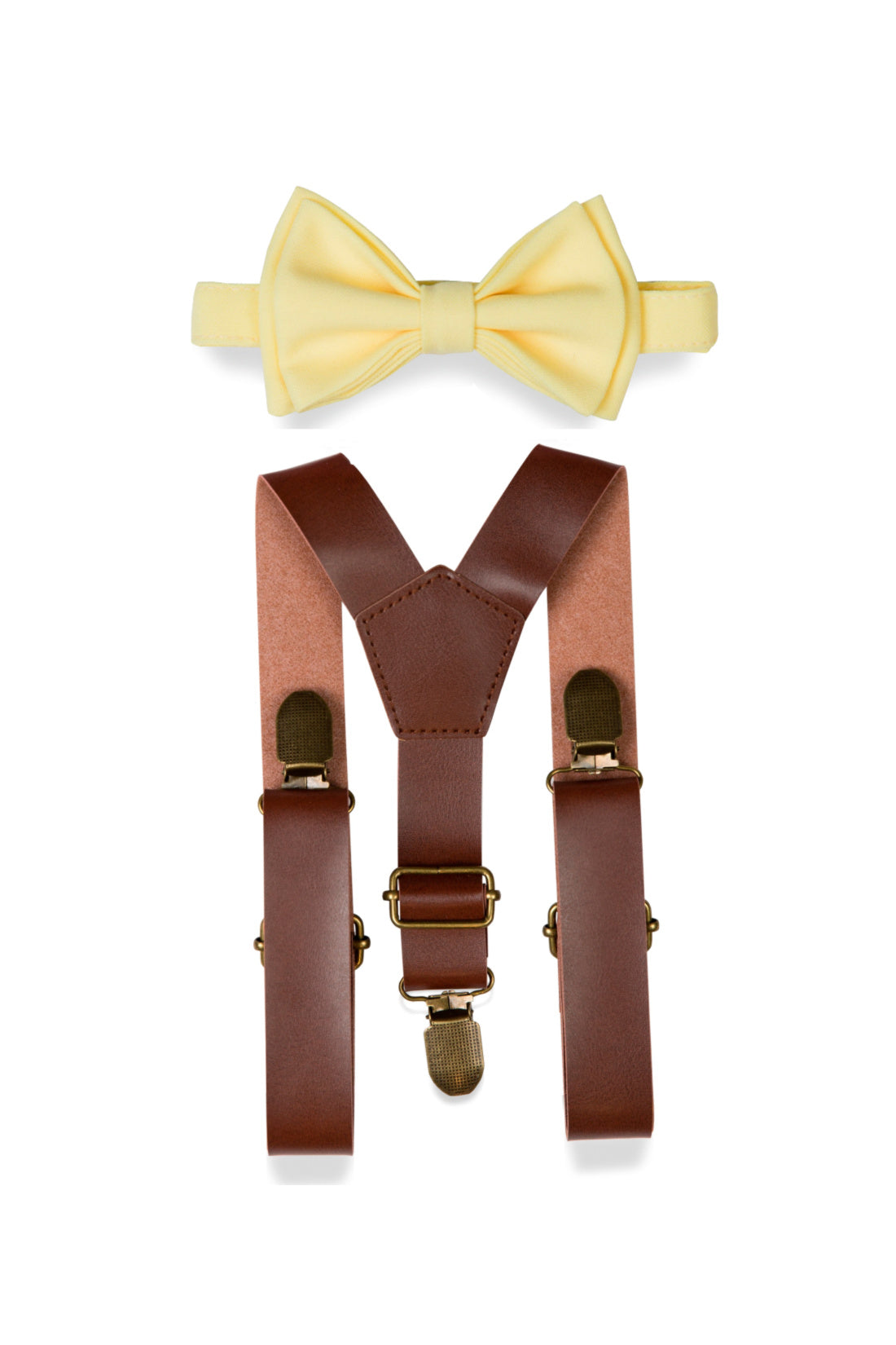 Brown Leather Suspenders &amp; Yellow Bow Tie for Kids