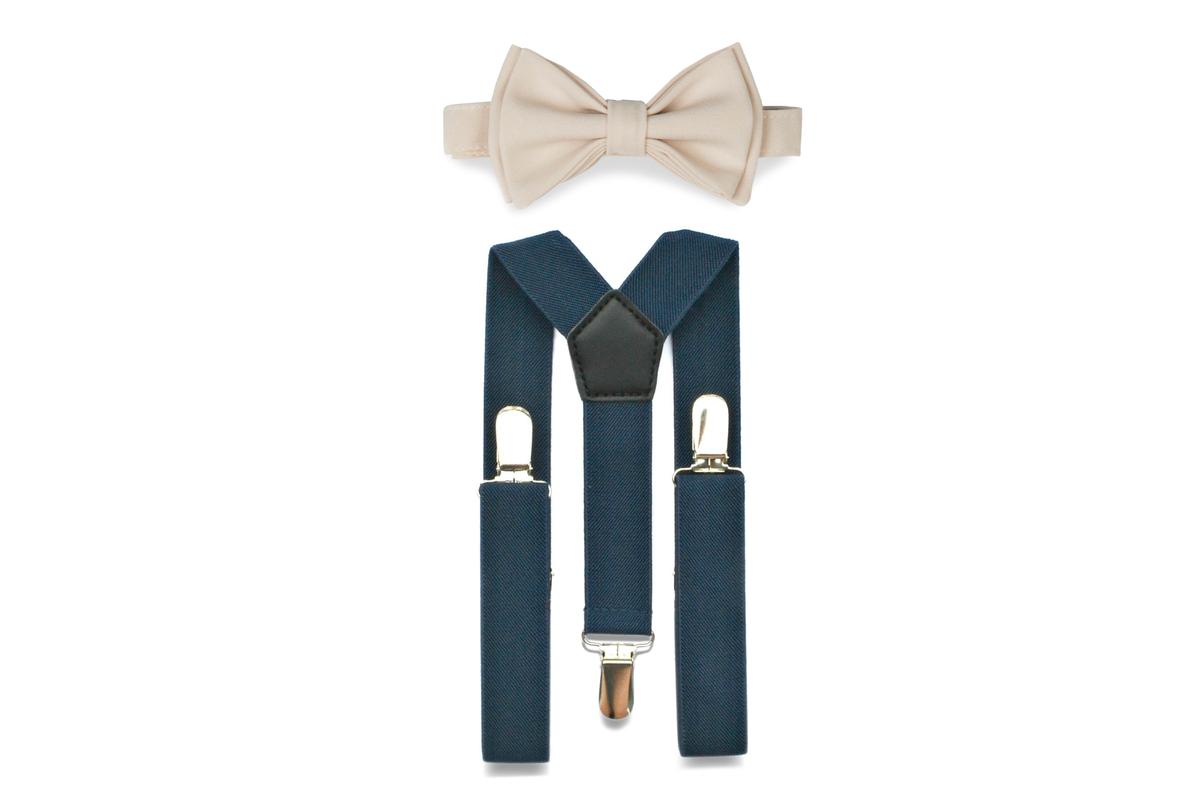 Navy Suspenders &amp; Cream Bow Tie for Kids