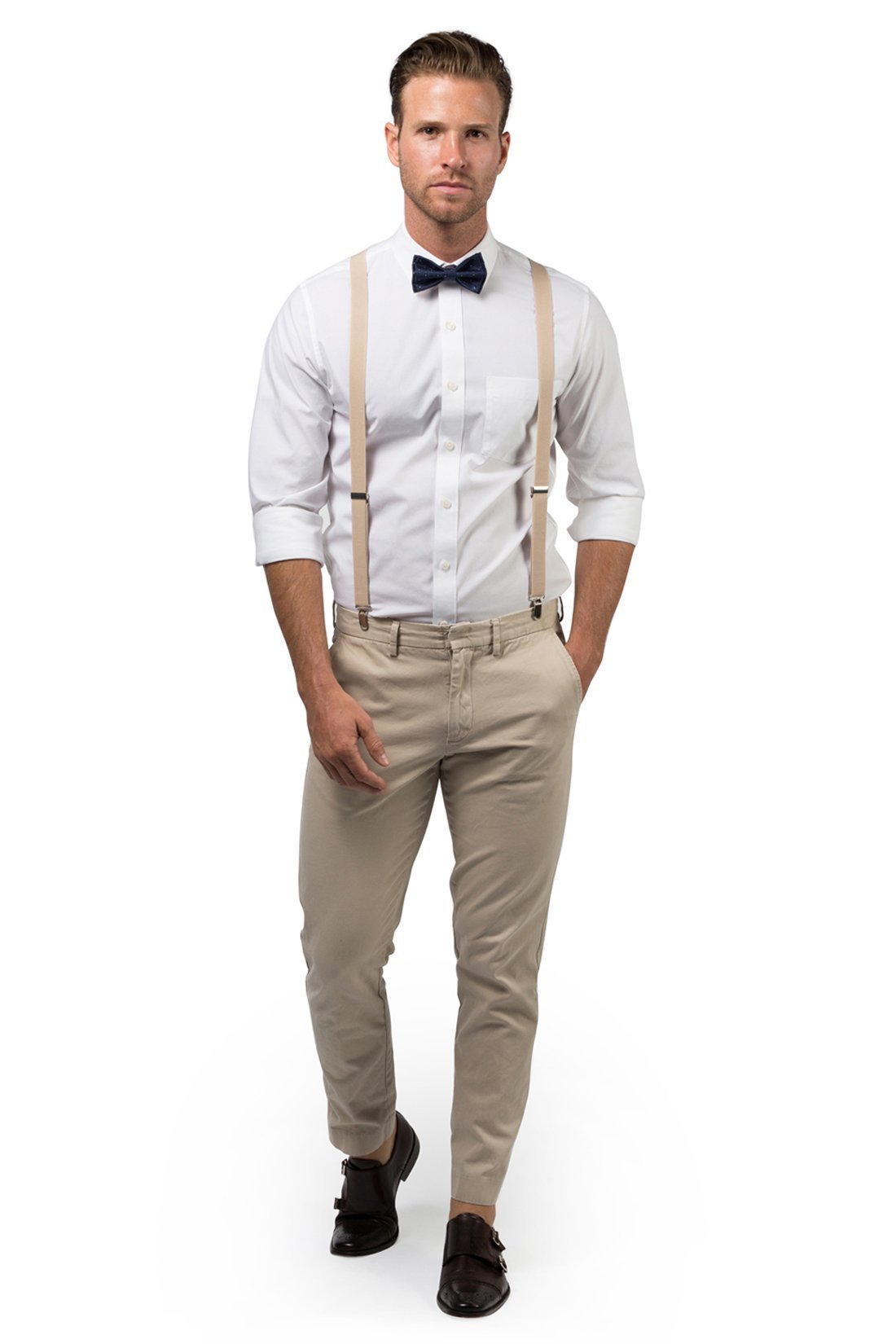 Beige Suspenders & Navy Polka Dot Bow Tie