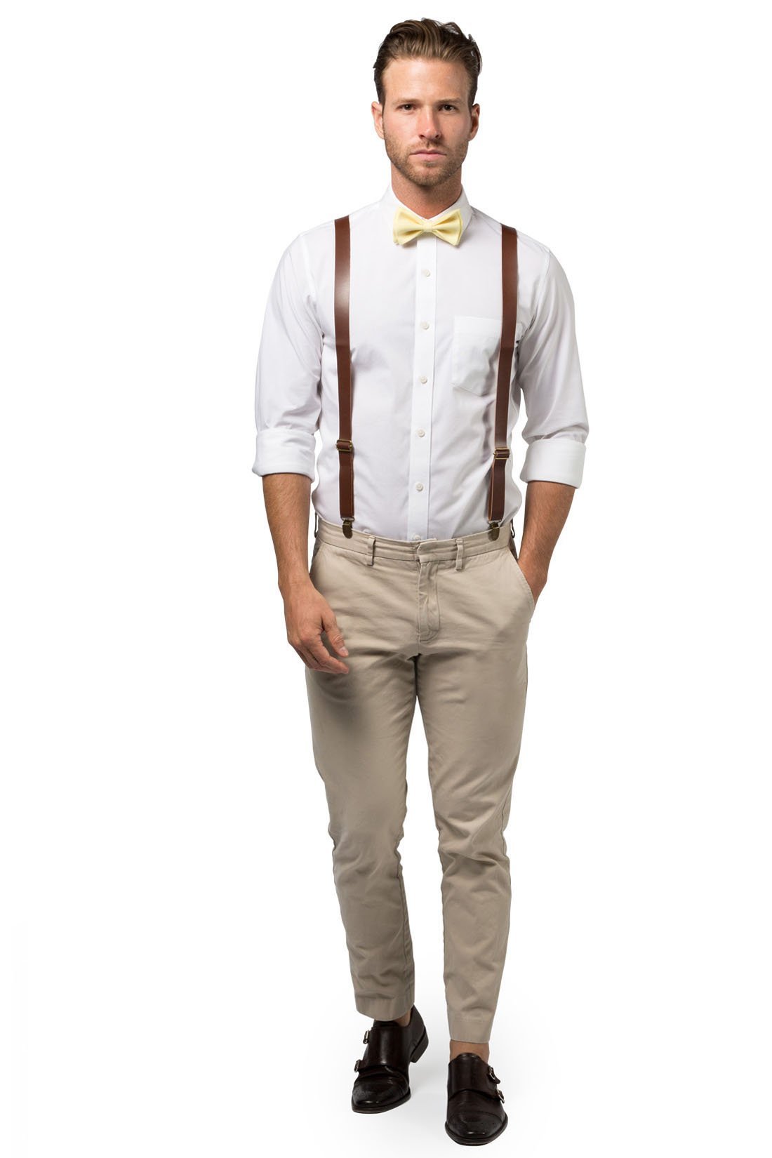 Brown Leather Suspenders &amp; Yellow Bow Tie
