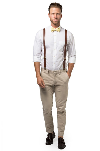 Brown Leather Suspenders & Yellow Bow Tie