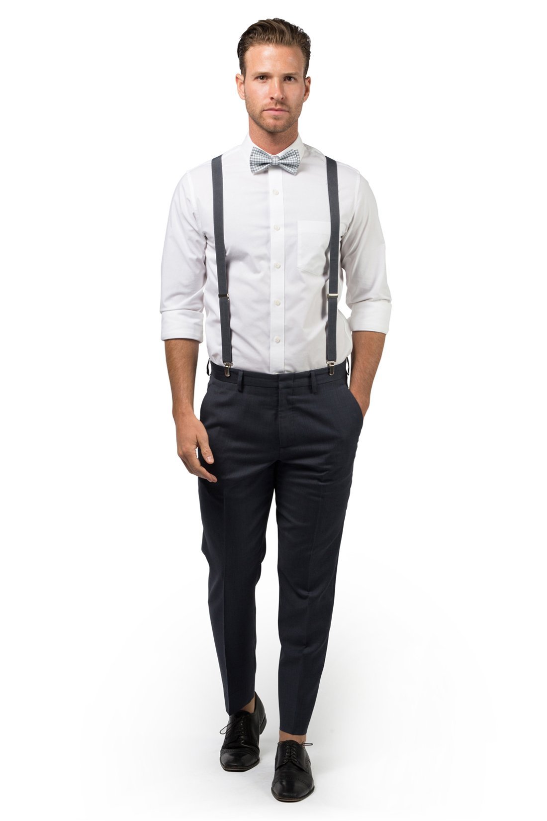 Charcoal Suspenders &amp; Gingham Gray Bow Tie