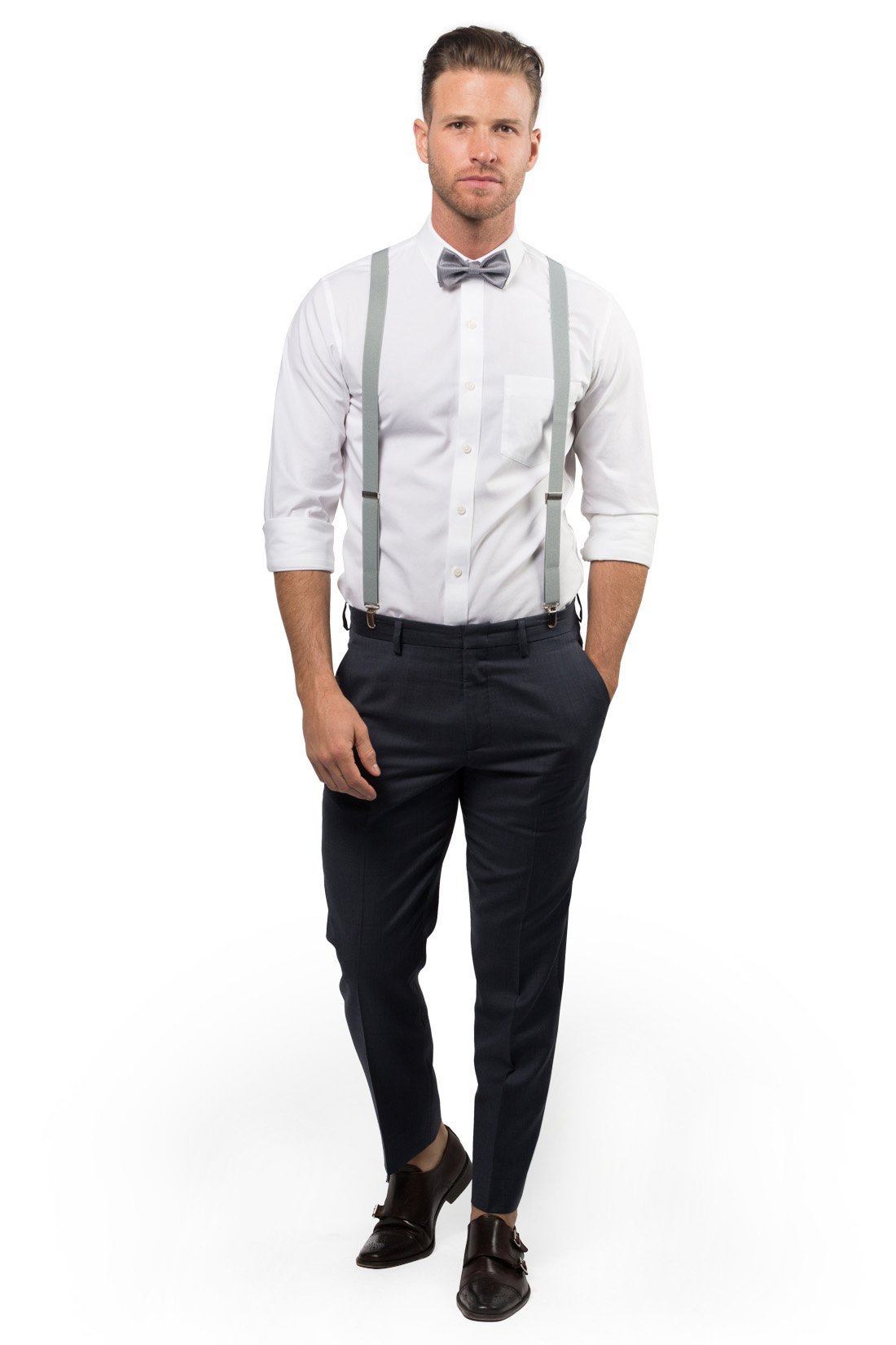 grey dress pants with suspenders White Shirt Grey Pants Suspenders Bow Tie Grey Pants Groomsmen White Shirt Grey Pants Suspenders
