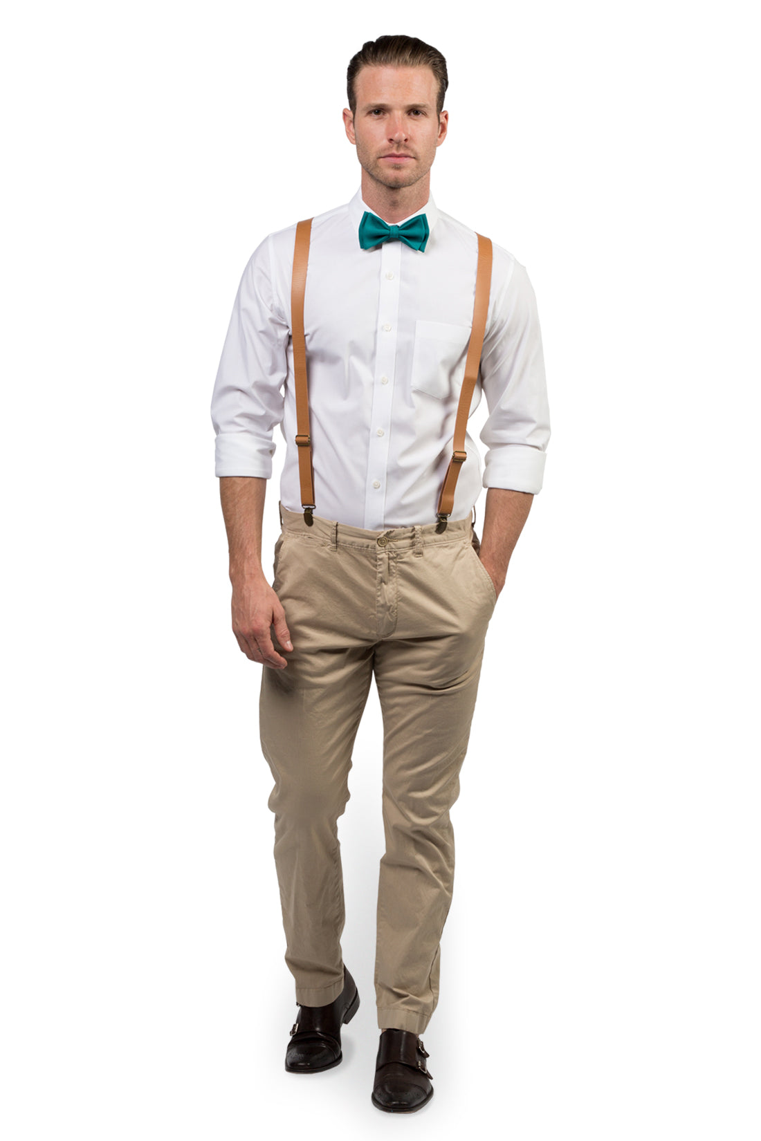 Tan Leather Suspenders & Teal Bow Tie