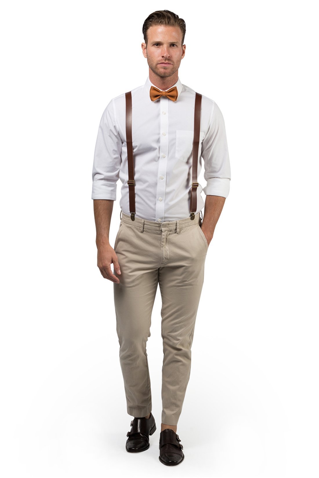 Brown Leather Suspenders & Copper Bow Tie