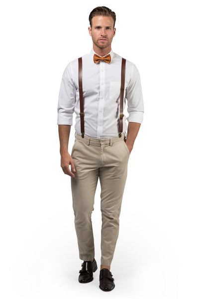 Brown Leather Suspenders & Copper Bow Tie - ARMONIIA