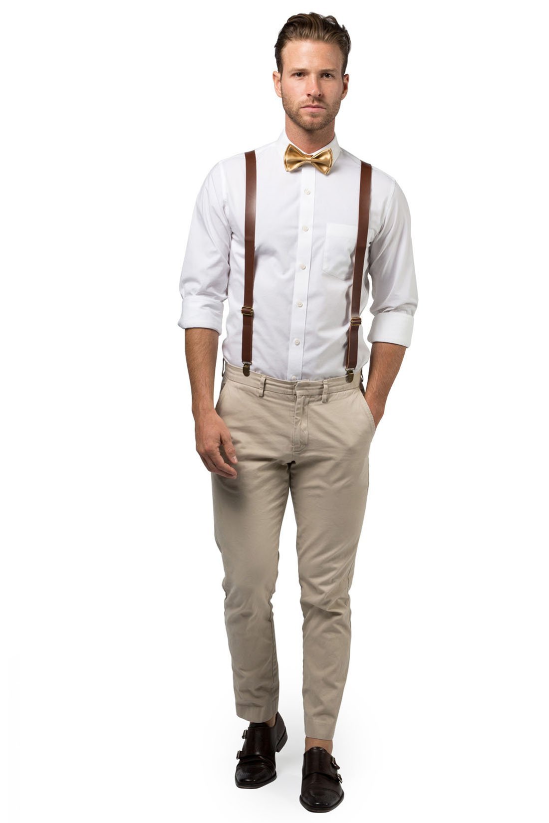 Brown Leather Suspenders &amp; Gold Bow Tie - ARMONIIA