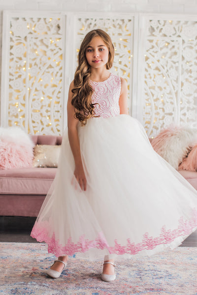 White & Candy Pink Bodice Flower Girl Dress