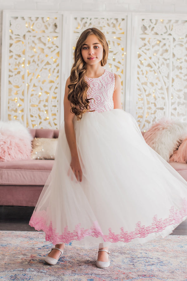 White & Candy Pink Bodice Flower Girl Dress– Armoniia