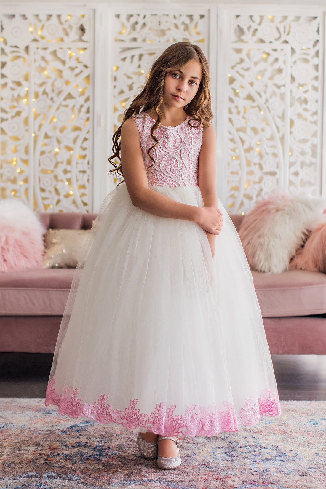 White & Candy Pink Bodice Flower Girl Dress 2