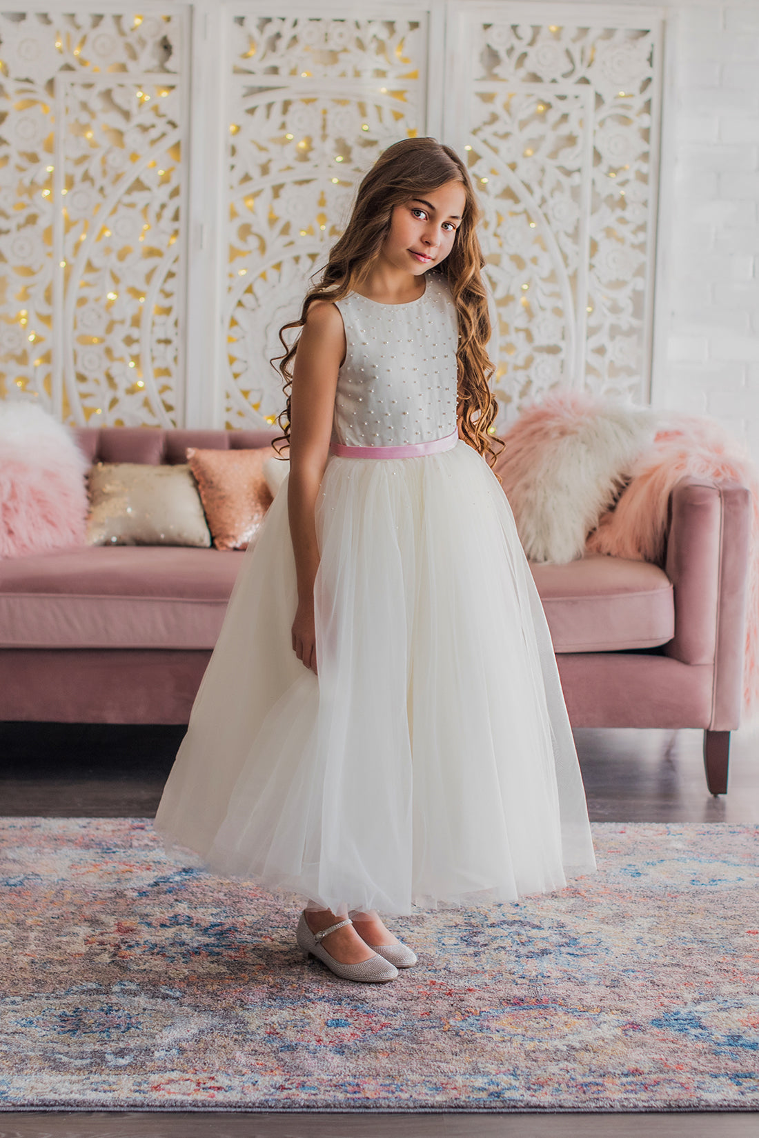 White &amp; Blush Flower Girl Dress
