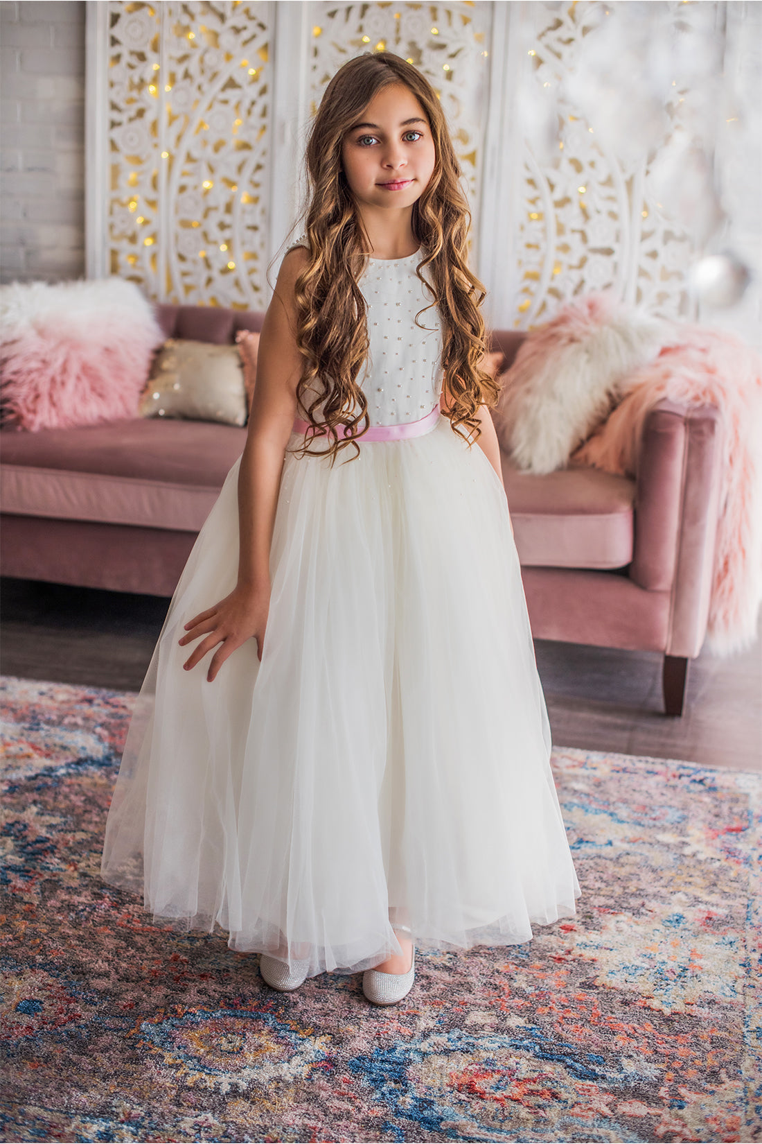 White &amp; Blush Flower Girl Dress