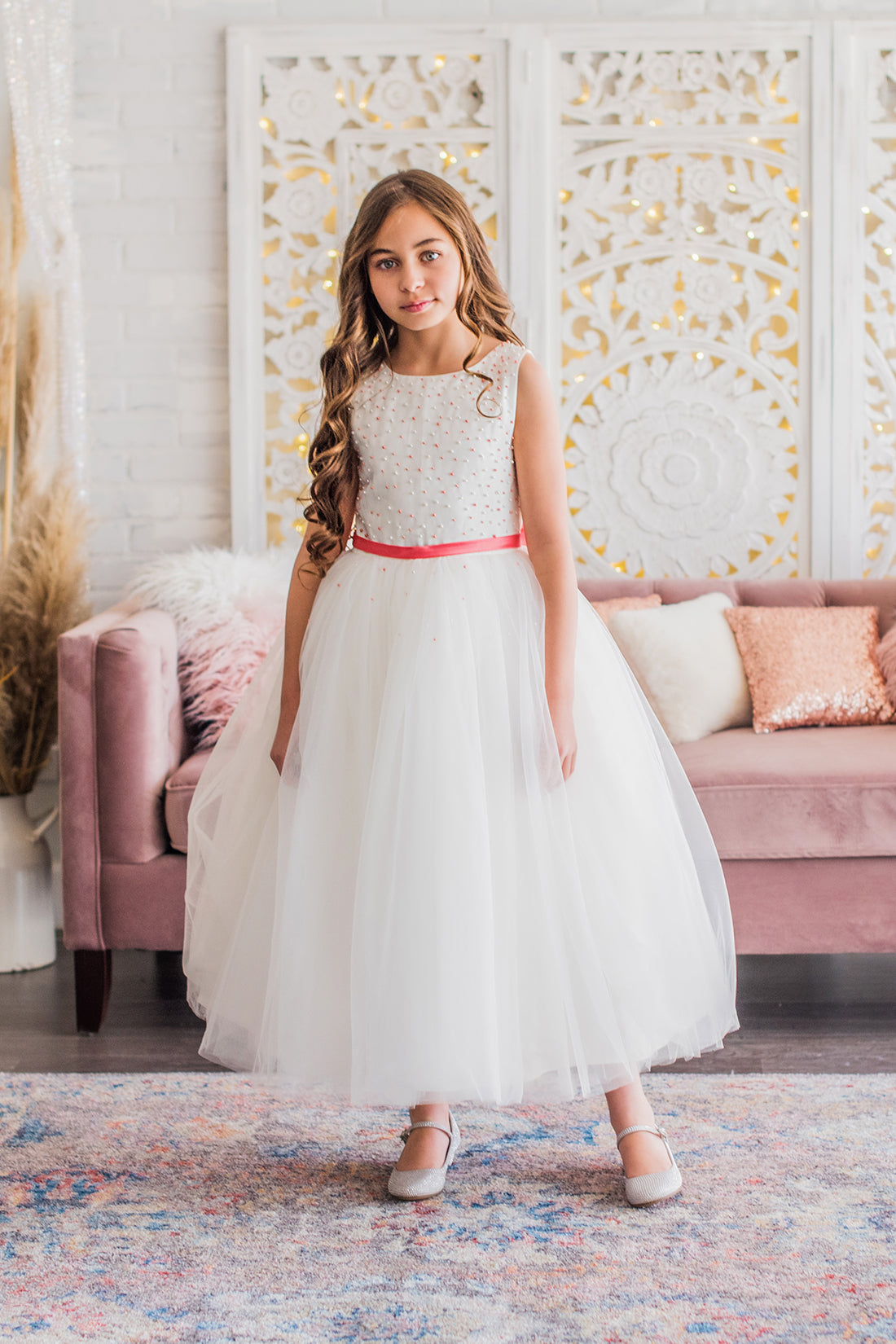 White & Coral Flower Girl Dress