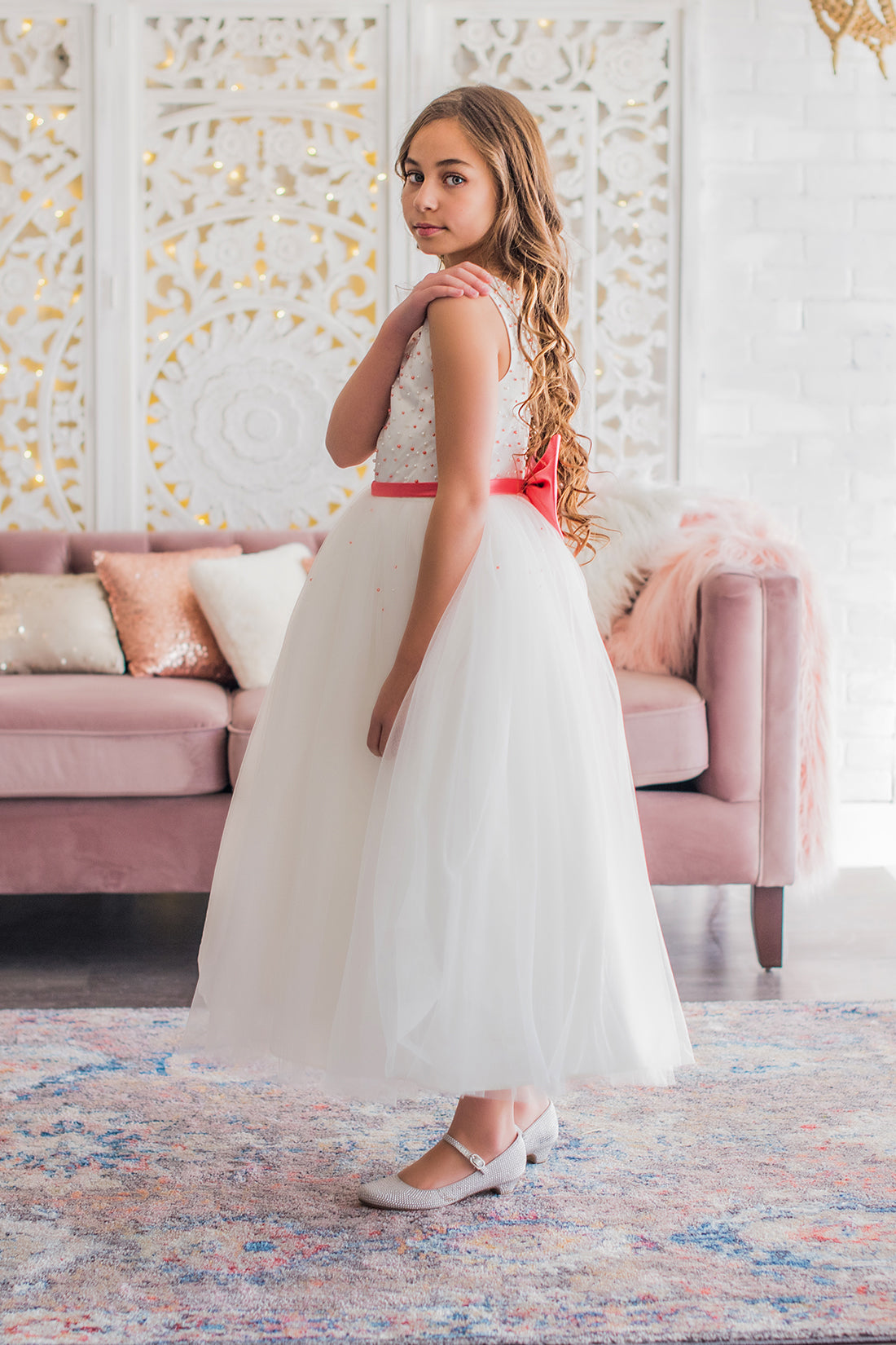 White &amp; Coral Flower Girl Dress