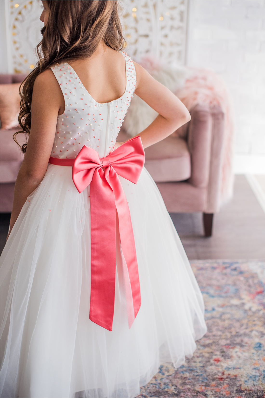 White & Coral Flower Girl Dress