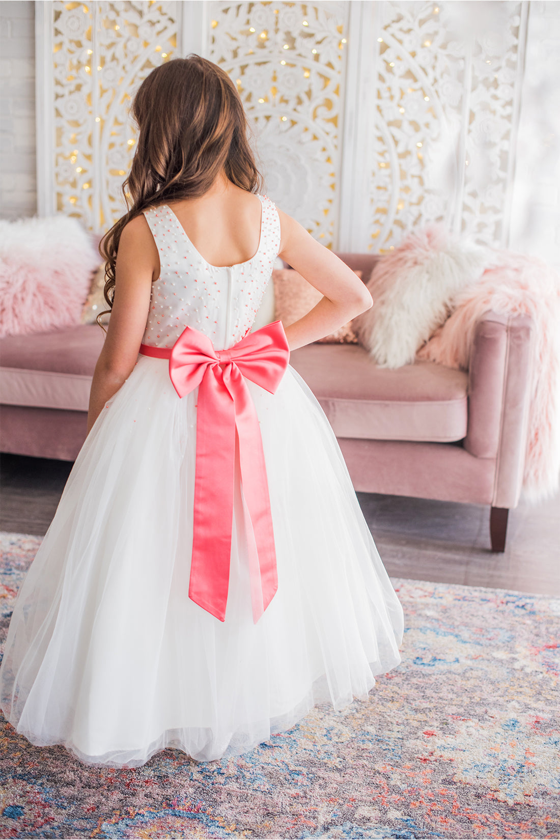 White &amp; Coral Flower Girl Dress