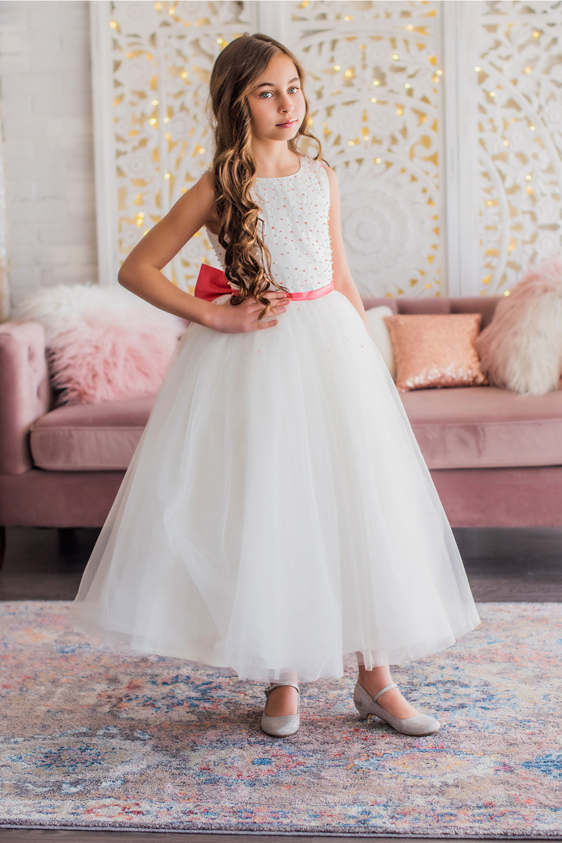 White &amp; Coral Flower Girl Dress